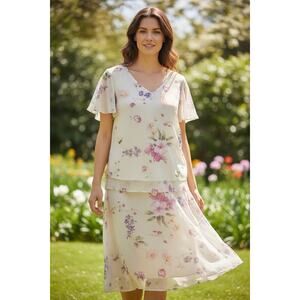 Dress Barn VTG Set Top and Skirt SZ 16W Cream w/ Floral Sheer w/ Lining Fairy